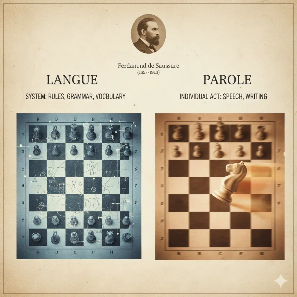 Illustration vergleicht Schachregeln und Einzelzüge zur Erklärung sprachlicher Theorie