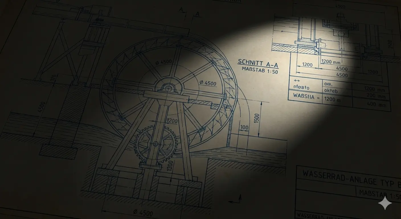 Technical drawing of a water wheel in shadow