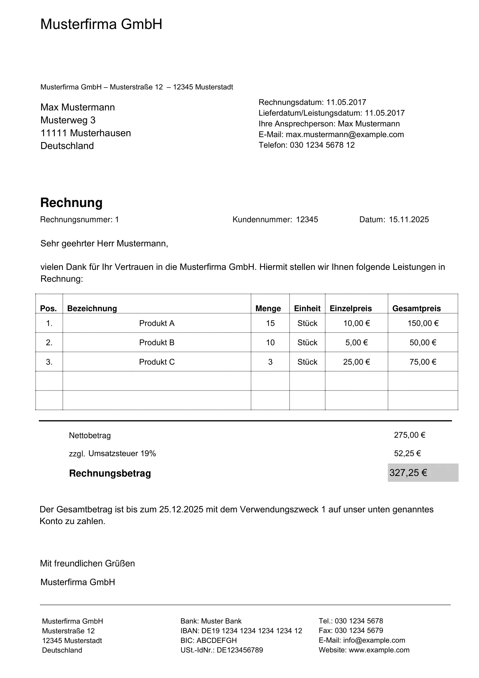 Example invoice – structured commercial document